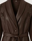 Taliyah | Faux Leather Wrap Jacket - Lace-Up Shoulder Detail - Tie Waist Belt - Shawl Collar