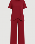 Thalia | Ribbed Lounge Set - Soft Stretch Fabric - Overlap Hem Top - Wide Leg Pants