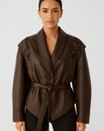 Taliyah | Faux Leather Wrap Jacket - Lace-Up Shoulder Detail - Tie Waist Belt - Shawl Collar