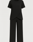 Thalia | Ribbed Lounge Set - Soft Stretch Fabric - Overlap Hem Top - Wide Leg Pants