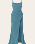 Yvette | Evening Gown - Spaghetti Strap Bodice - High Side Slit - Ruched Waist Detail