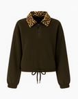 Laurel | Fleece Pullover Top - Leopard Print Collar - Half Zip Front - Adjustable Drawstring Hem