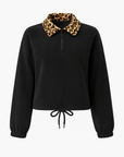Laurel | Fleece Pullover Top - Leopard Print Collar - Half Zip Front - Adjustable Drawstring Hem