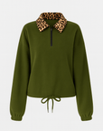 Laurel | Fleece Pullover Top - Leopard Print Collar - Half Zip Front - Adjustable Drawstring Hem