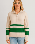 Leonie | Women's Striped Quarter Zip Pullover Sweater – Cozy Knit with Ribbed Cuffs