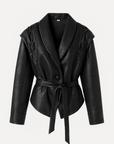 Taliyah | Faux Leather Wrap Jacket - Lace-Up Shoulder Detail - Tie Waist Belt - Shawl Collar