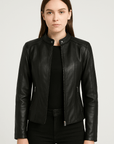 Gloria | Women's Leather Jacket – Fitted Design with Band Collar & Zip Closure – Stylish & Versatile