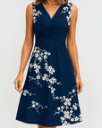 Emily | Sleeveless Floral Midi Dress - Ruched Waist - V-Neckline - A-Line Silhouette
