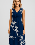 Emily | Sleeveless Floral Midi Dress - Ruched Waist - V-Neckline - A-Line Silhouette