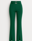 Athena | Women's Belted Flare Pants - Front Slit Hem - High Waist - Tailored Fit