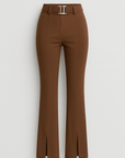 Athena | Women's Belted Flare Pants - Front Slit Hem - High Waist - Tailored Fit
