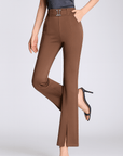 Athena | Women's Belted Flare Pants - Front Slit Hem - High Waist - Tailored Fit