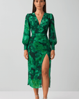 Sophie | Floral V-Neck Midi Dress - Long Puff Sleeves - Fitted Waist - Side Slit