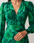Sophie | Floral V-Neck Midi Dress - Long Puff Sleeves - Fitted Waist - Side Slit