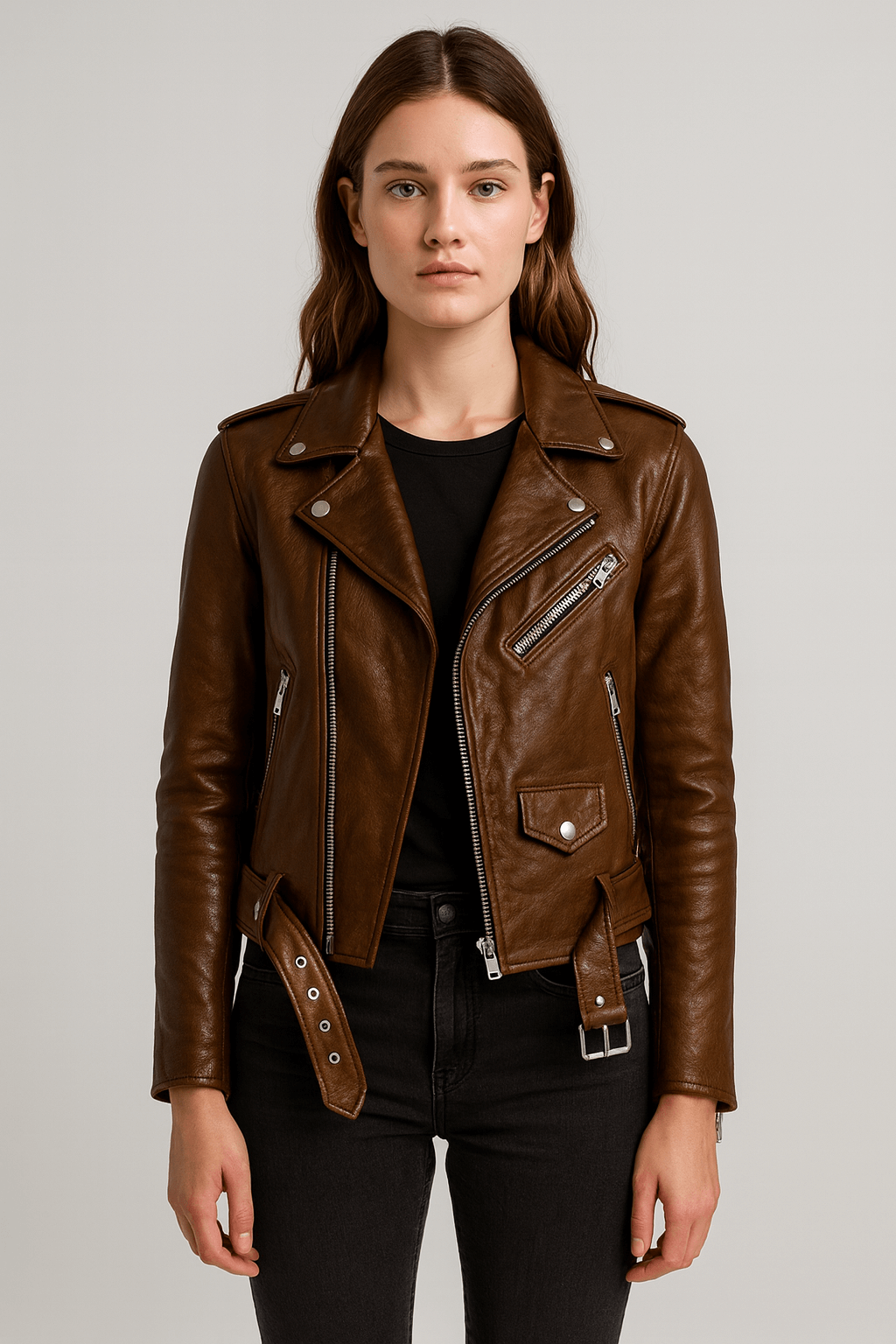 Pauline | Women&#39;s Leather Jacket – Vintage Style with Zipper Closure – Timeless &amp; Versatile