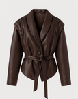 Taliyah | Faux Leather Wrap Jacket - Lace-Up Shoulder Detail - Tie Waist Belt - Shawl Collar