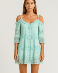 Harper | Boho Lace Mini Dress - Cold Shoulder Sleeves - Crochet Trim - Relaxed Fit