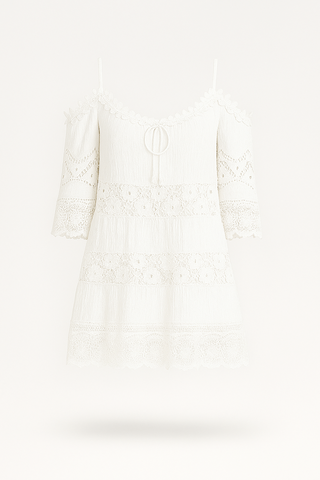 Harper | Boho Lace Mini Dress - Cold Shoulder Sleeves - Crochet Trim - Relaxed Fit