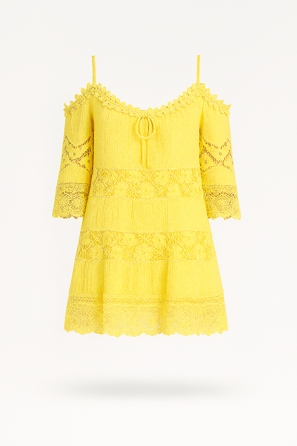 Harper | Boho Lace Mini Dress - Cold Shoulder Sleeves - Crochet Trim - Relaxed Fit