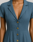 Abigail | Button-Down Midi Dress - Deep V-Neckline - Cuffed Short Sleeves - Wooden Buttons