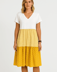 Evelyn | Tiered Casual Midi Dress - V-Neckline - Striped Midsection - Polka Dot Hem