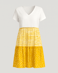 Evelyn | Tiered Casual Midi Dress - V-Neckline - Striped Midsection - Polka Dot Hem