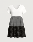 Evelyn | Tiered Casual Midi Dress - V-Neckline - Striped Midsection - Polka Dot Hem