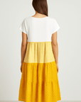 Evelyn | Tiered Casual Midi Dress - V-Neckline - Striped Midsection - Polka Dot Hem