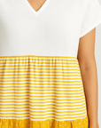 Evelyn | Tiered Casual Midi Dress - V-Neckline - Striped Midsection - Polka Dot Hem
