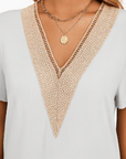 Ella | Women’s V-Neck Lace Trim Shirt - Relaxed Fit - Soft Breathable Fabric - Casual Blouse