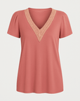 Ella | Women’s V-Neck Lace Trim Shirt - Relaxed Fit - Soft Breathable Fabric - Casual Blouse