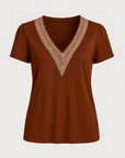 Ella | Women’s V-Neck Lace Trim Shirt - Relaxed Fit - Soft Breathable Fabric - Casual Blouse