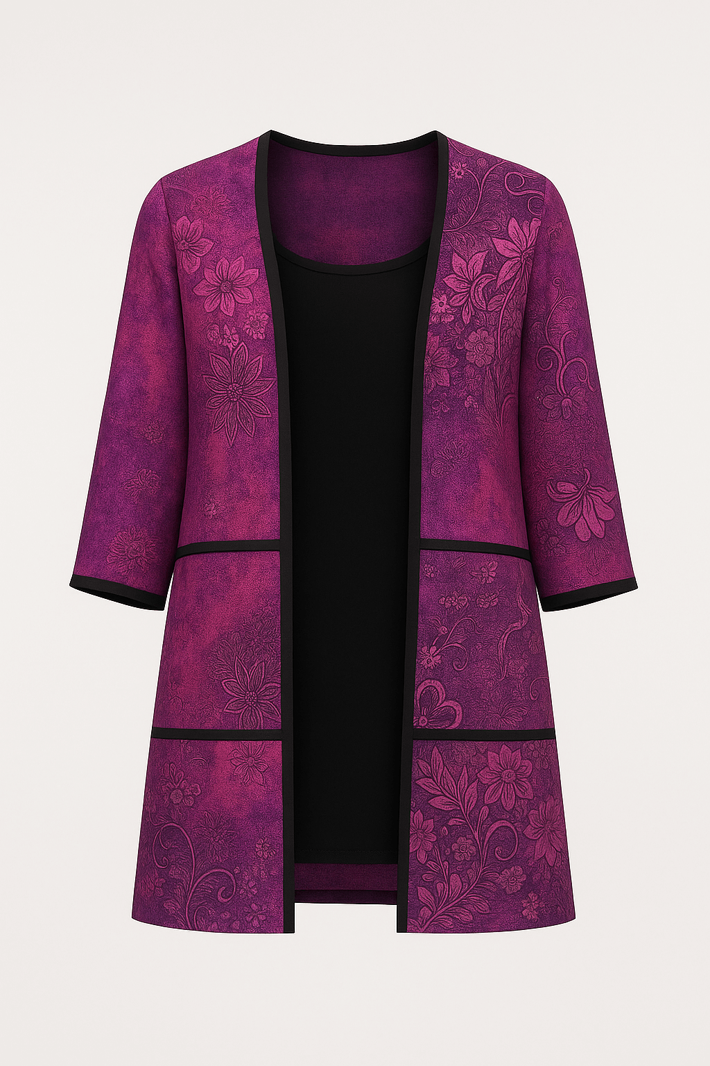 Lucy | Floral Print Open Front Jacket - 3/4 Sleeves - Contrast Trim Detail