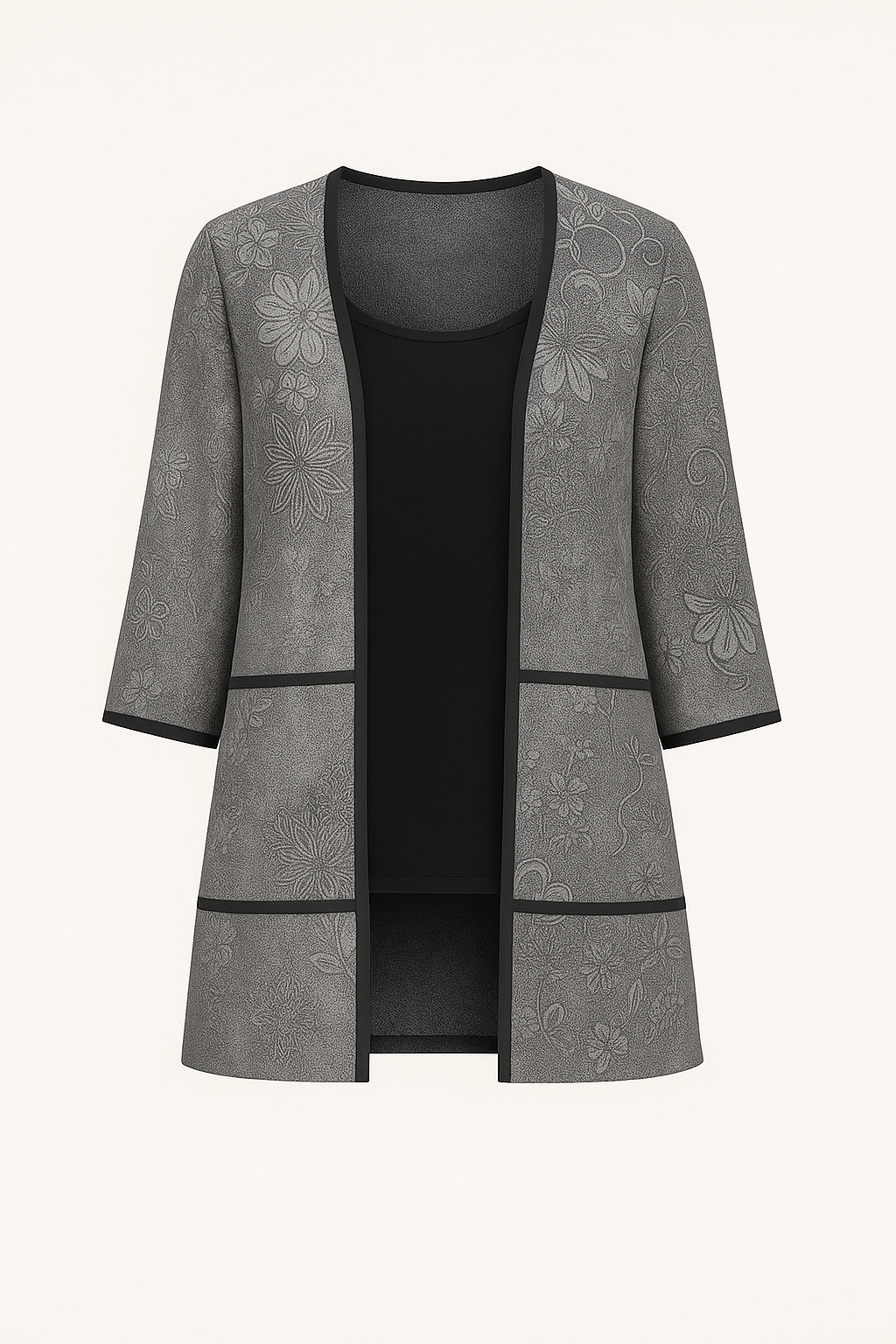 Lucy | Floral Print Open Front Jacket - 3/4 Sleeves - Contrast Trim Detail