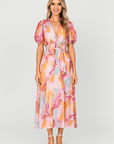 Stella | Women’s Abstract Print Midi Dress - Puff Sleeves - Smocked Waist - V-Neckline