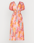 Stella | Women’s Abstract Print Midi Dress - Puff Sleeves - Smocked Waist - V-Neckline