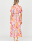 Stella | Women’s Abstract Print Midi Dress - Puff Sleeves - Smocked Waist - V-Neckline