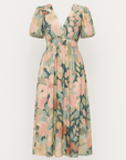Stella | Women’s Abstract Print Midi Dress - Puff Sleeves - Smocked Waist - V-Neckline
