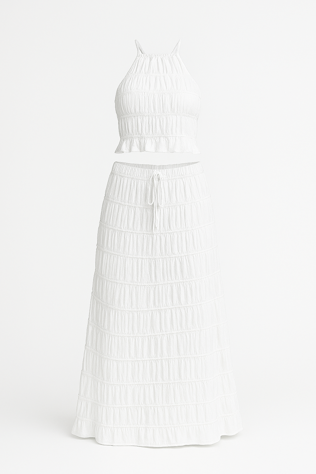 Victoria | Two-Piece Maxi Skirt Set - Smocked Halter Top - Drawstring Waist Skirt