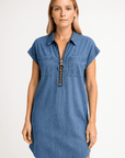 Violet | Women’s Denim Shirt Dress - Front Zip Closure - Rolled Short Sleeves