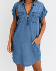 Violet | Women’s Denim Shirt Dress - Front Zip Closure - Rolled Short Sleeves