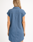 Violet | Women’s Denim Shirt Dress - Front Zip Closure - Rolled Short Sleeves