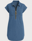 Violet | Women’s Denim Shirt Dress - Front Zip Closure - Rolled Short Sleeves
