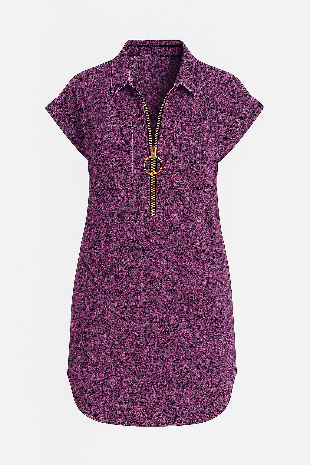 Violet | Women’s Denim Shirt Dress - Front Zip Closure - Rolled Short Sleeves