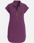 Violet | Women’s Denim Shirt Dress - Front Zip Closure - Rolled Short Sleeves