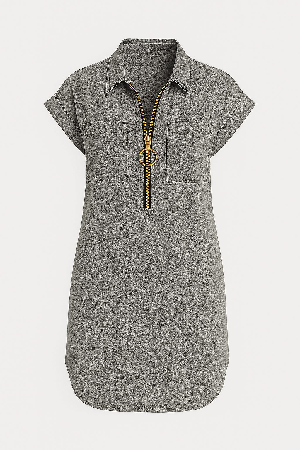 Violet | Women’s Denim Shirt Dress - Front Zip Closure - Rolled Short Sleeves