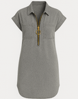 Violet | Women’s Denim Shirt Dress - Front Zip Closure - Rolled Short Sleeves