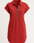 Violet | Women’s Denim Shirt Dress - Front Zip Closure - Rolled Short Sleeves