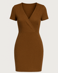 Maya | Women’s Ribbed Knit Dress - V-Neck Wrap Front - Short Sleeve Mini