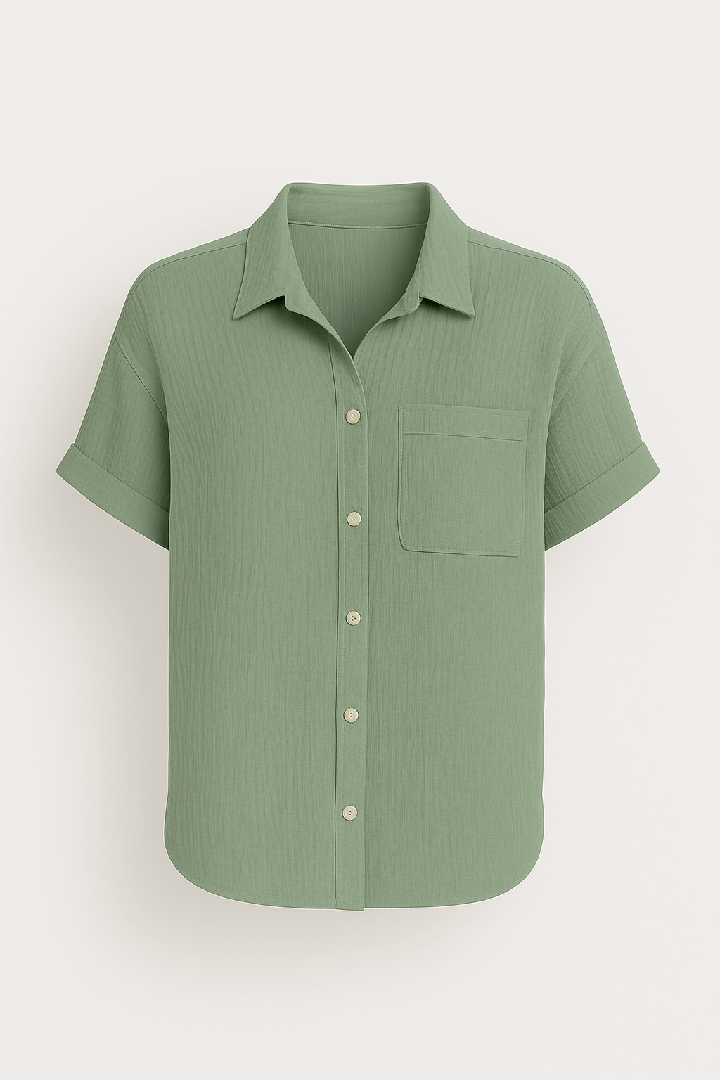 Serena | Textured Button-Up Shirt - Rolled Short Sleeves - Chest Pocket - Lightweight Fabric